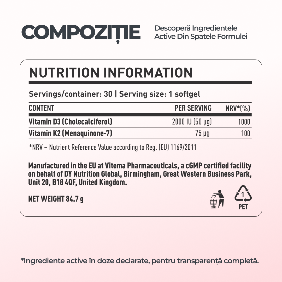 Vitamina D3+K2 2000IU + 75ug, 60 Softgels, 60 Serviri
